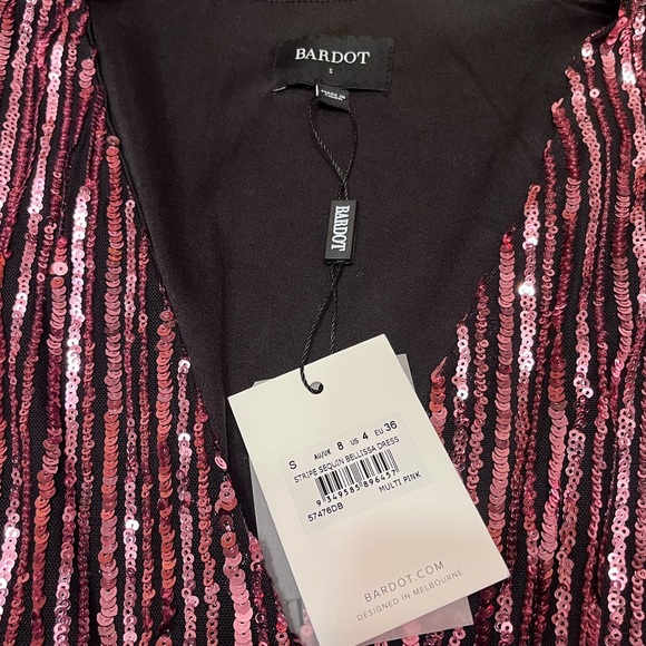 Bardot Long Sleeve Multi Pink Sequin Belted Party Dress Size S - Picture 11 of 13